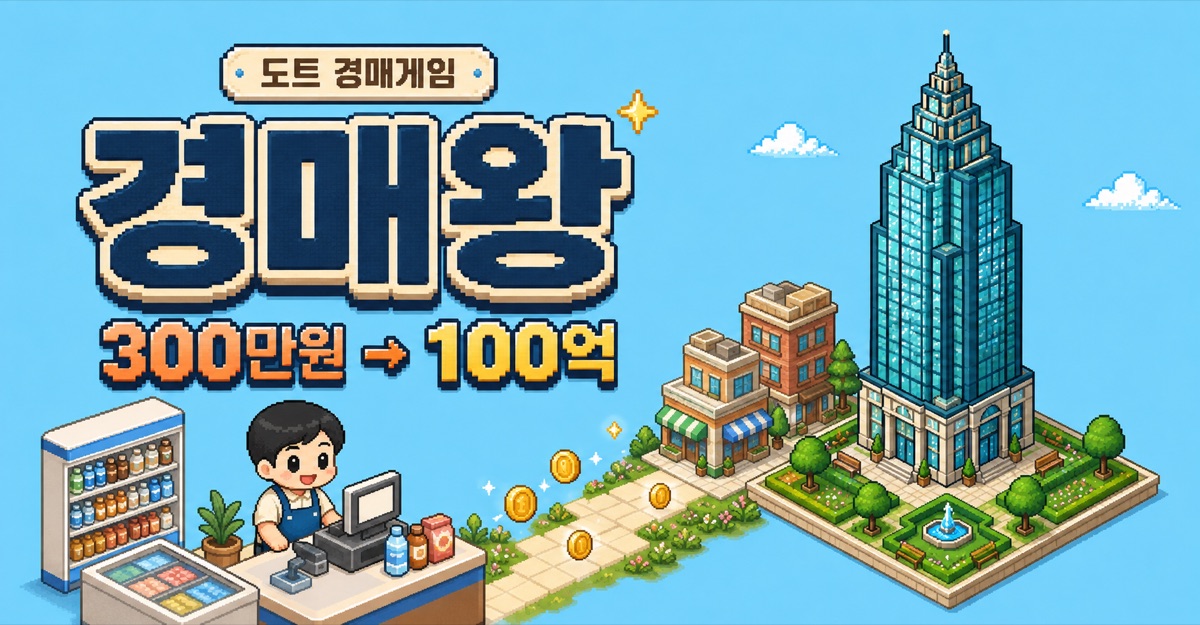 귀여운 도트 캐릭터와 빌딩이 있는 경매왕 게임